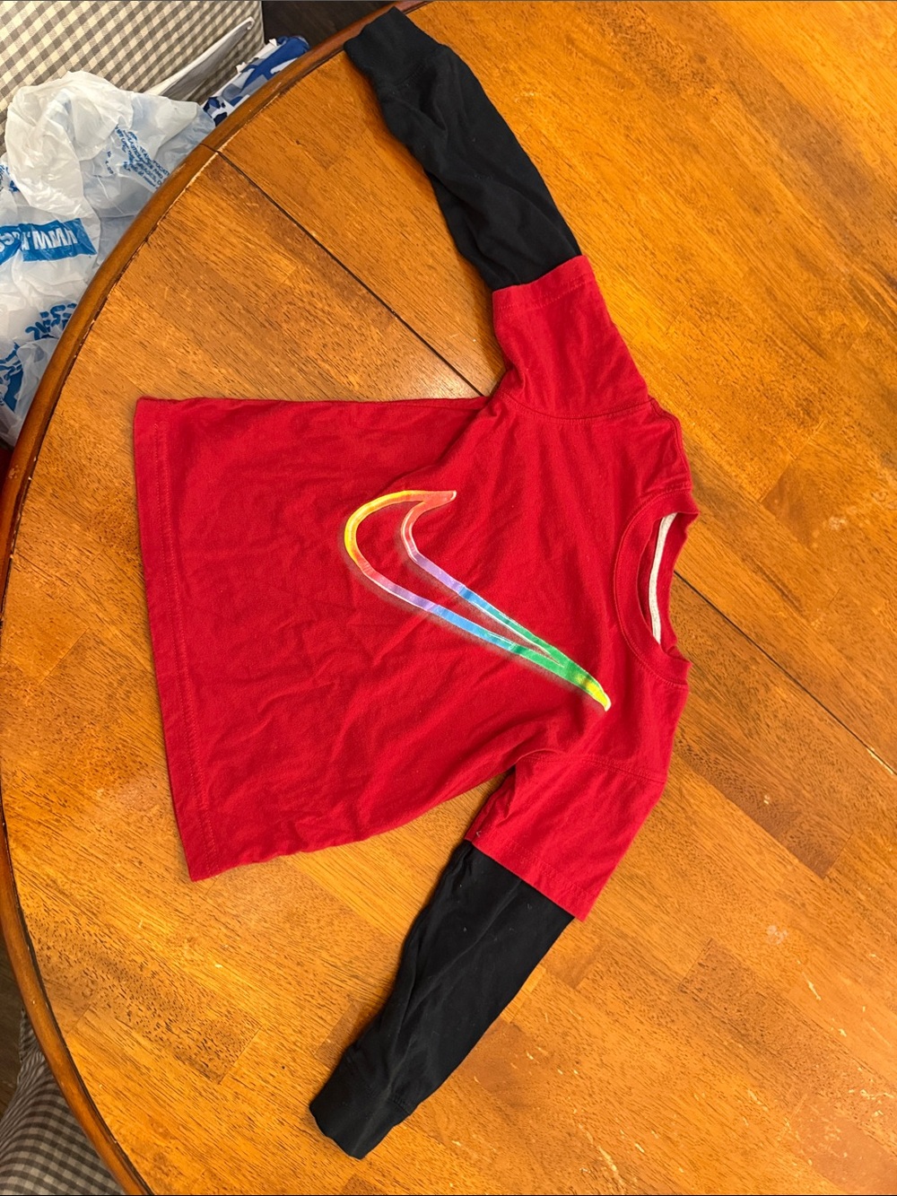 Nike Red Tee with Black Layered Long Sleeves and Multicolor Swoosh